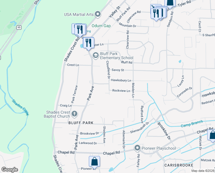 map of restaurants, bars, coffee shops, grocery stores, and more near 2204 Hawksbury Lane in Birmingham