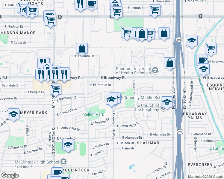 map of restaurants, bars, coffee shops, grocery stores, and more near 1959 East El Parque Drive in Tempe