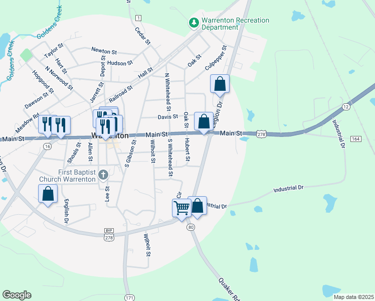 map of restaurants, bars, coffee shops, grocery stores, and more near 100 Hubert Street in Warrenton