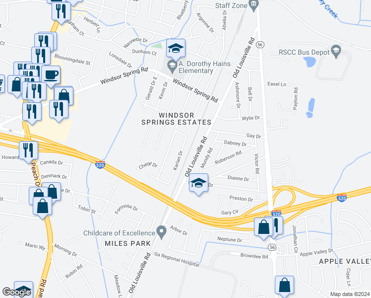 map of restaurants, bars, coffee shops, grocery stores, and more near 3316 Karian Drive in Augusta