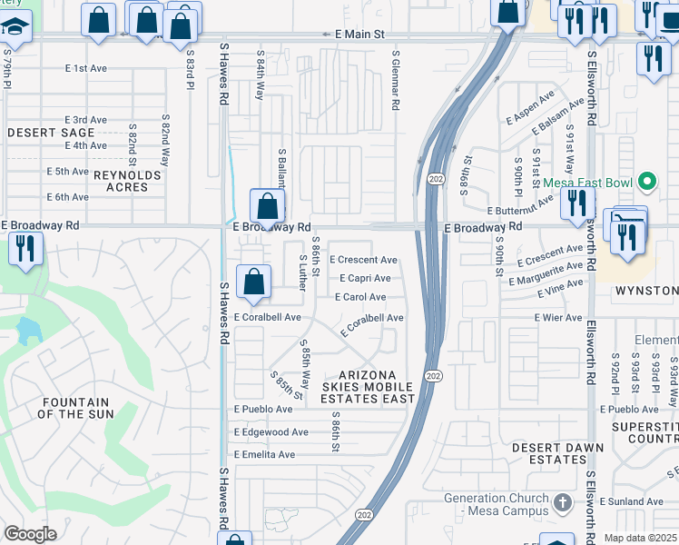 map of restaurants, bars, coffee shops, grocery stores, and more near 8624 East Capri Avenue in Mesa
