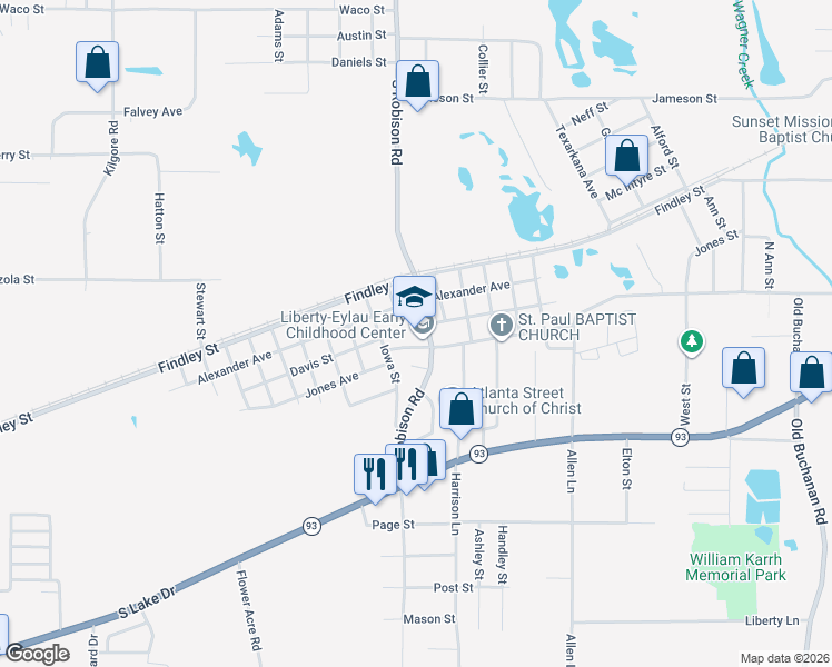 map of restaurants, bars, coffee shops, grocery stores, and more near 3105 Norris Cooley Drive in Texarkana