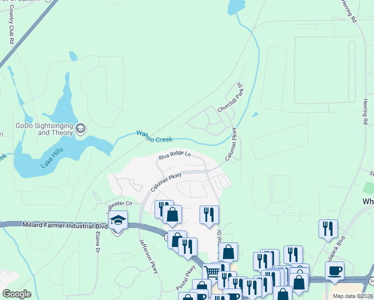 map of restaurants, bars, coffee shops, grocery stores, and more near 71 Riva Ridge Lane in Newnan