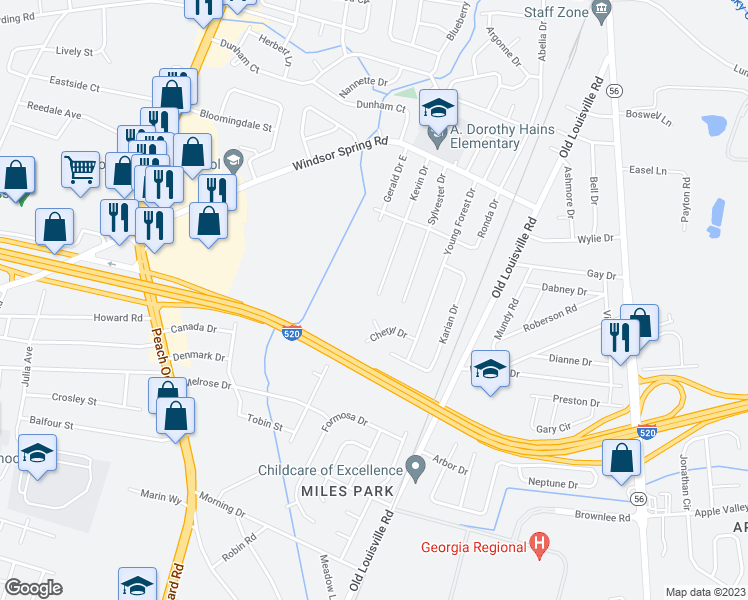 map of restaurants, bars, coffee shops, grocery stores, and more near 3247 Kevin Drive in Augusta