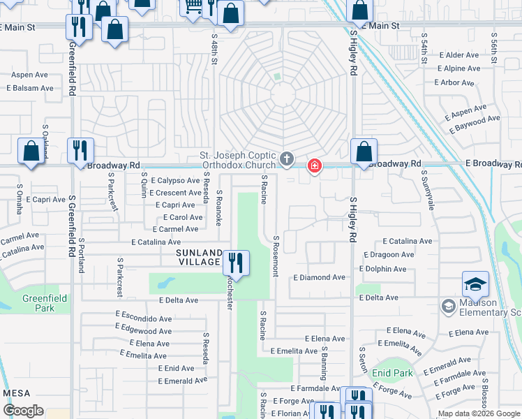 map of restaurants, bars, coffee shops, grocery stores, and more near 501 South Racine in Mesa