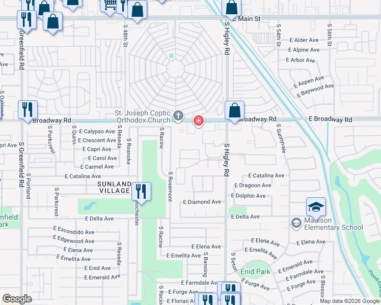 map of restaurants, bars, coffee shops, grocery stores, and more near 542 South Higley Road in Mesa