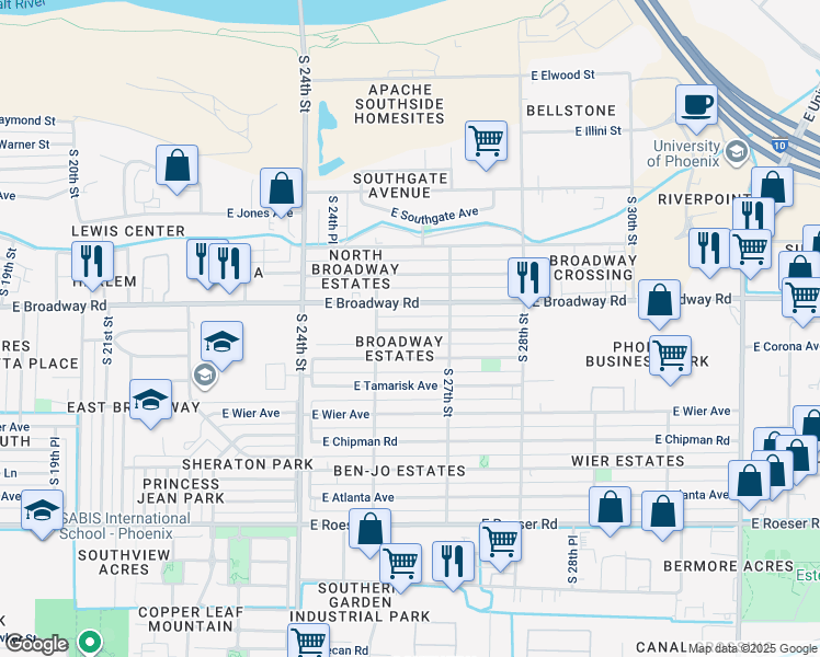 map of restaurants, bars, coffee shops, grocery stores, and more near 2515 East Broadway Road in Phoenix