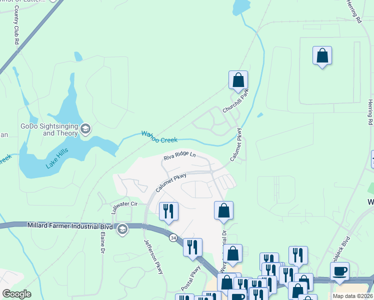 map of restaurants, bars, coffee shops, grocery stores, and more near 71 Riva Ridge Lane in Newnan