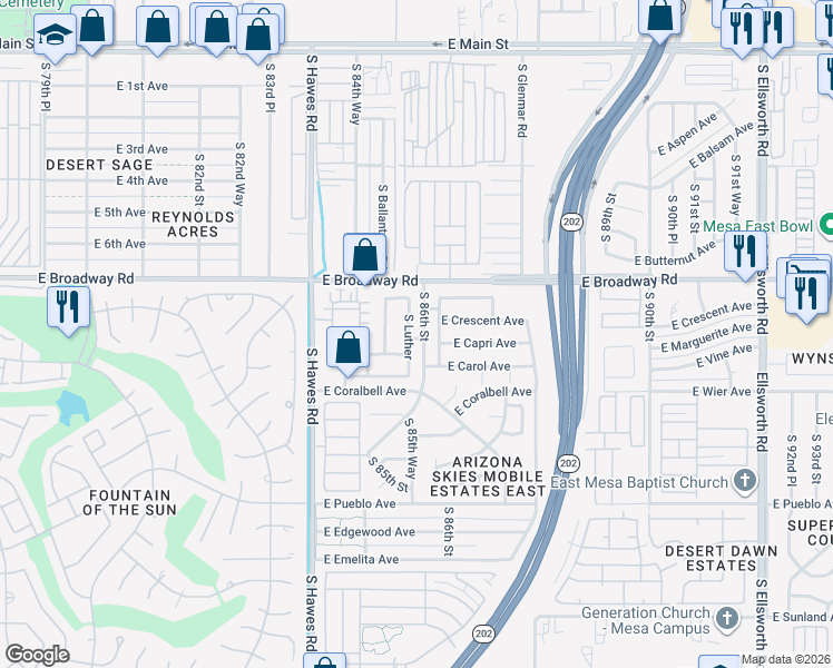 map of restaurants, bars, coffee shops, grocery stores, and more near 444 South Luther in Mesa