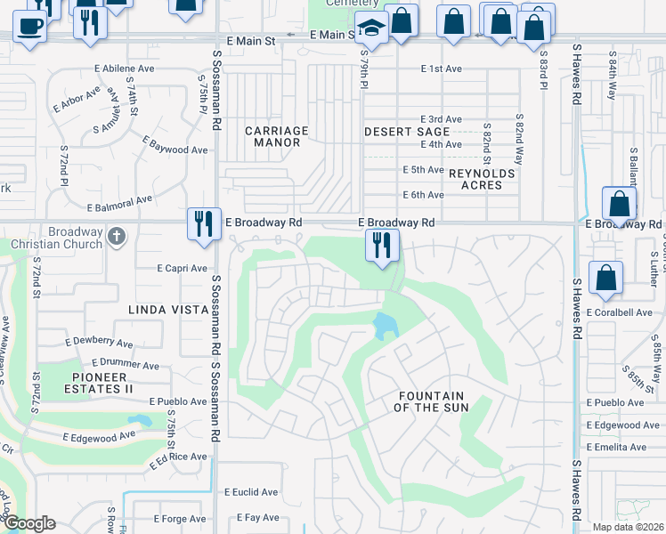 map of restaurants, bars, coffee shops, grocery stores, and more near 7846 East Parkview Drive in Mesa