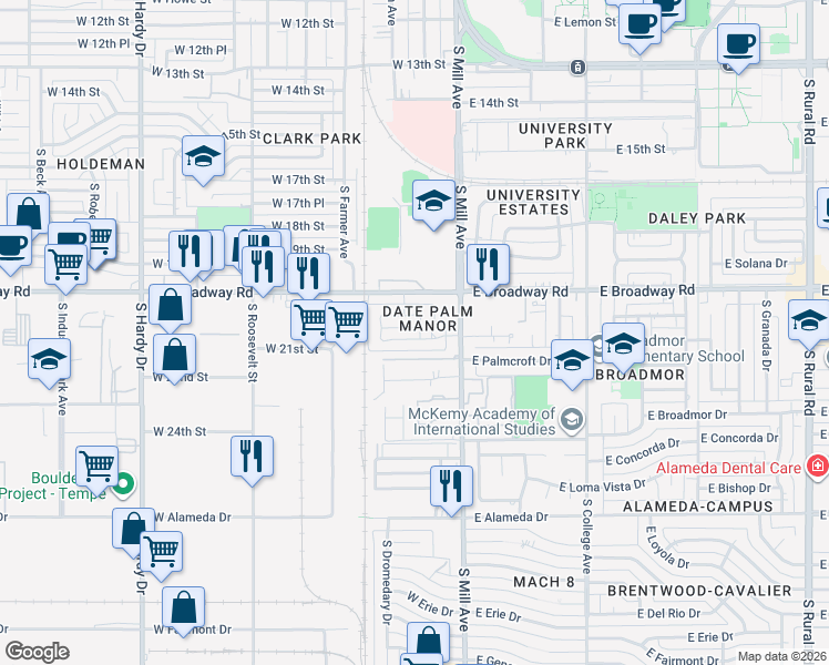 map of restaurants, bars, coffee shops, grocery stores, and more near 111 West Palmdale Drive in Tempe