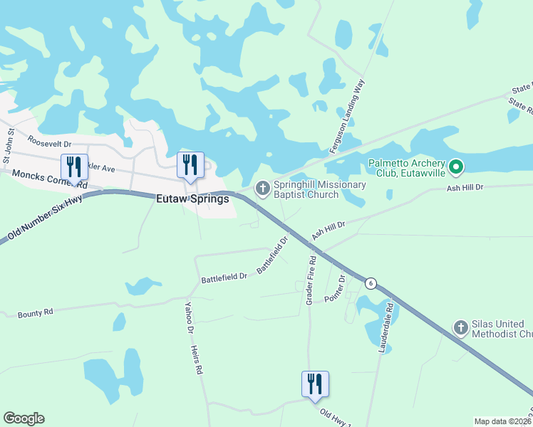 map of restaurants, bars, coffee shops, grocery stores, and more near 13025 Old Number Six Highway in Eutawville