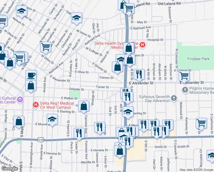 map of restaurants, bars, coffee shops, grocery stores, and more near 625-629 East Alexander Street in Greenville