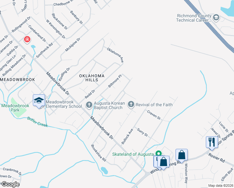 map of restaurants, bars, coffee shops, grocery stores, and more near 3517 Gardenbrook Drive in Augusta