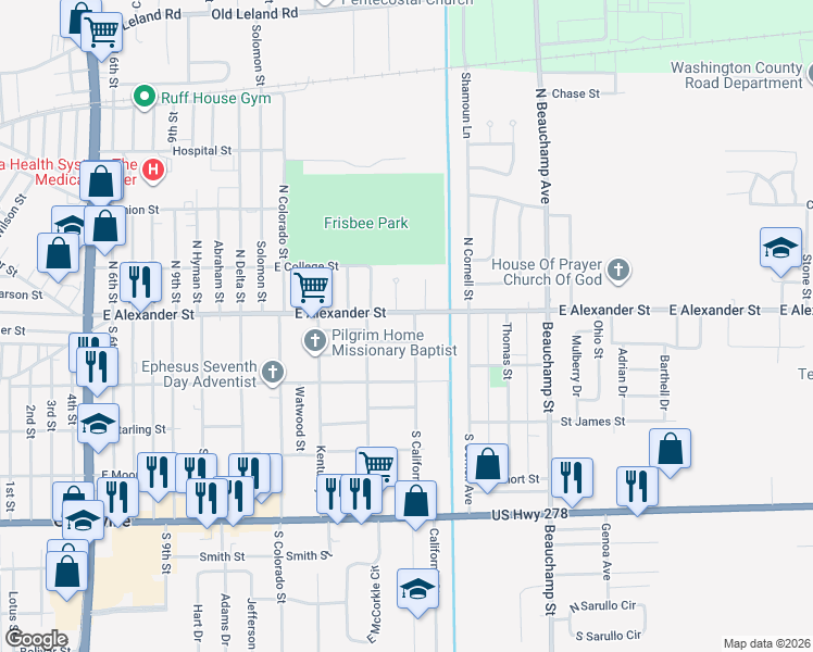 map of restaurants, bars, coffee shops, grocery stores, and more near 2025 East Alexander Street in Greenville
