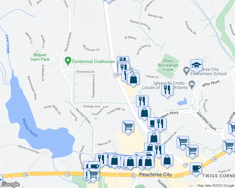 map of restaurants, bars, coffee shops, grocery stores, and more near 341 Revolution Drive in Peachtree City