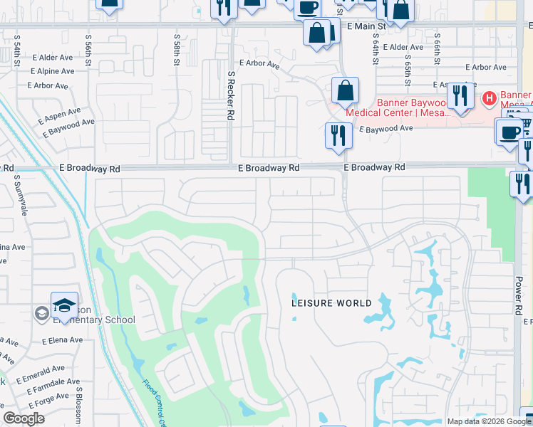 map of restaurants, bars, coffee shops, grocery stores, and more near 1907 Leisure World in Mesa