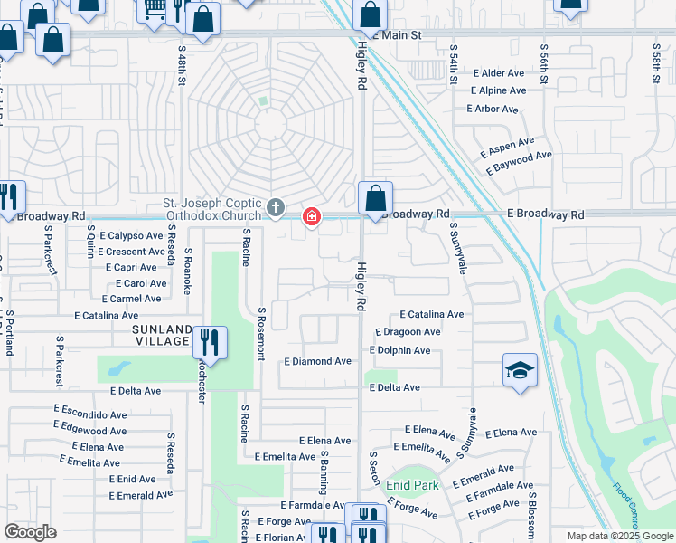 map of restaurants, bars, coffee shops, grocery stores, and more near 490 South Higley Road in Mesa