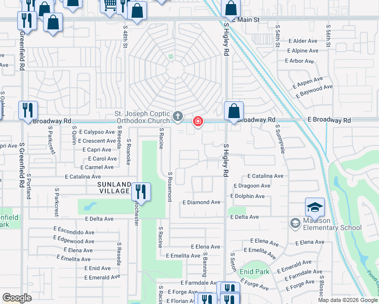 map of restaurants, bars, coffee shops, grocery stores, and more near 542 South Higley Road in Mesa