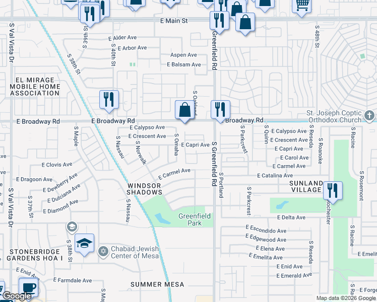 map of restaurants, bars, coffee shops, grocery stores, and more near 4328 South Sunland Villas 3 in Mesa