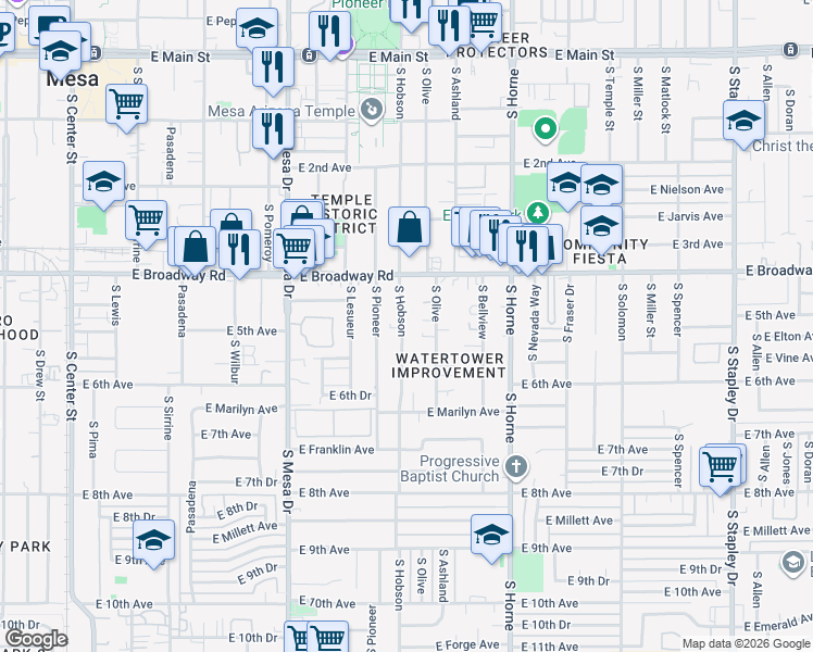 map of restaurants, bars, coffee shops, grocery stores, and more near 452 South Hobson in Mesa