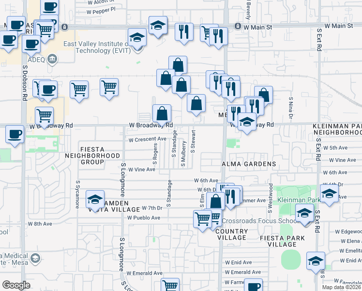 map of restaurants, bars, coffee shops, grocery stores, and more near 443 South Standage in Mesa