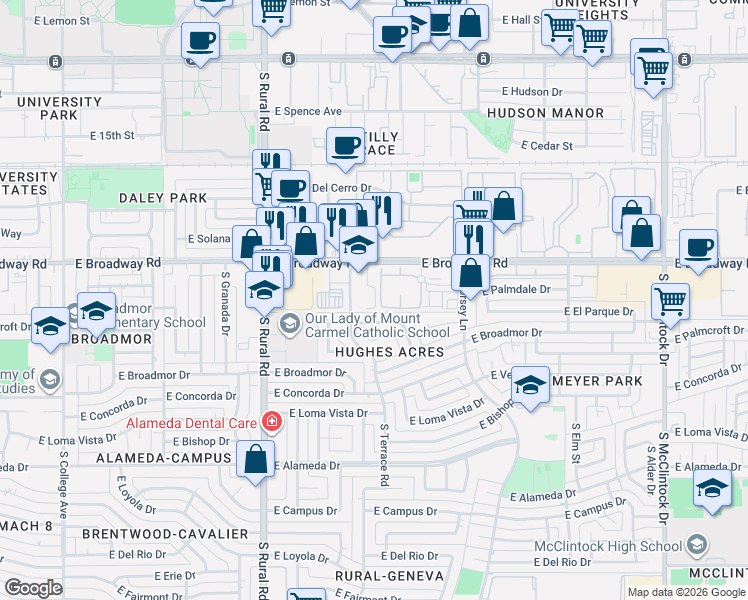 map of restaurants, bars, coffee shops, grocery stores, and more near 1207 East Broadway Road in Tempe