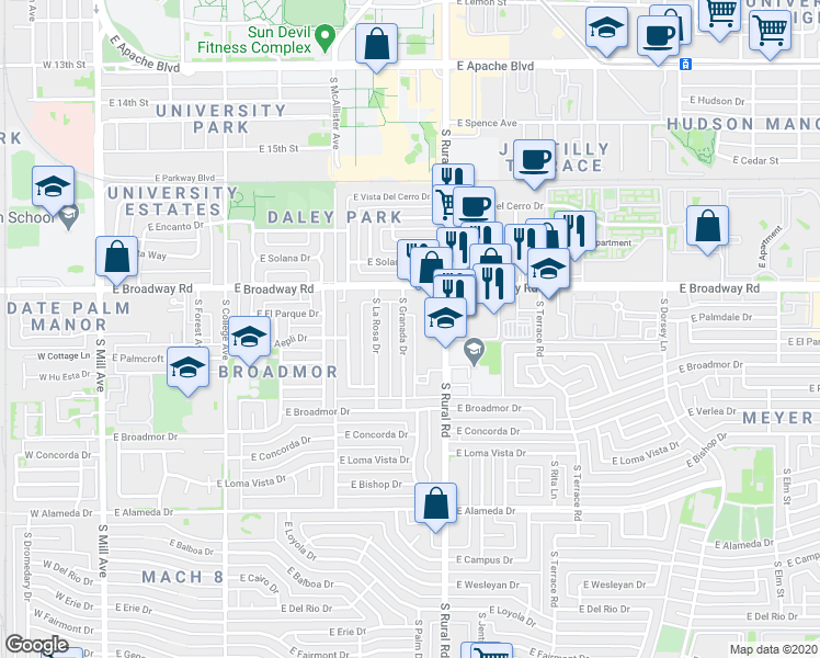 map of restaurants, bars, coffee shops, grocery stores, and more near 2014 South Rural Road in Tempe