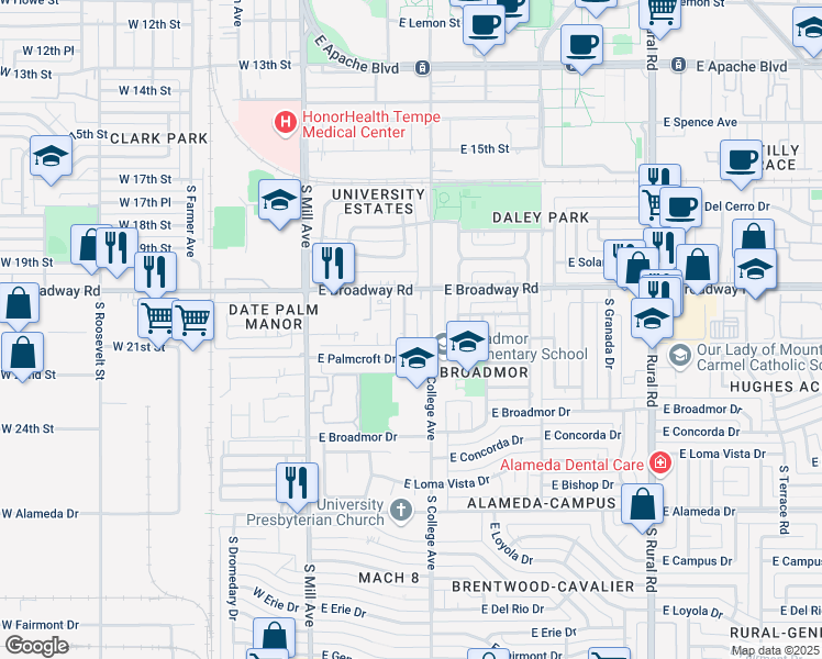 map of restaurants, bars, coffee shops, grocery stores, and more near 2021 South Forest Avenue in Tempe