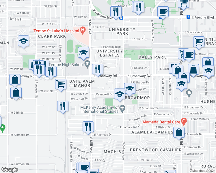 map of restaurants, bars, coffee shops, grocery stores, and more near 121 East Broadway Road in Tempe