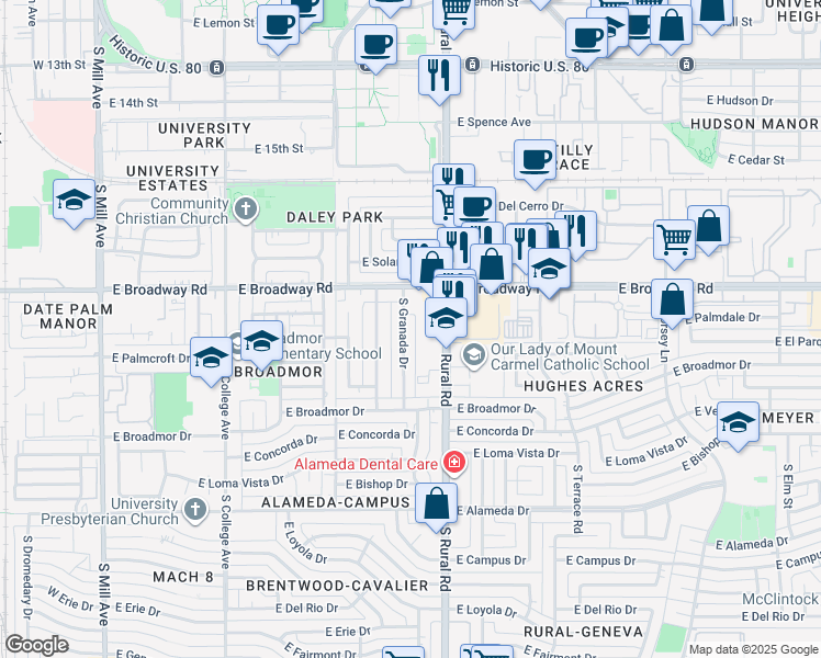 map of restaurants, bars, coffee shops, grocery stores, and more near 2014 South Rural Road in Tempe