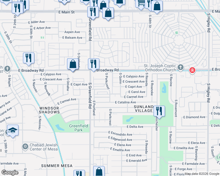map of restaurants, bars, coffee shops, grocery stores, and more near 515 South Parkcrest in Mesa