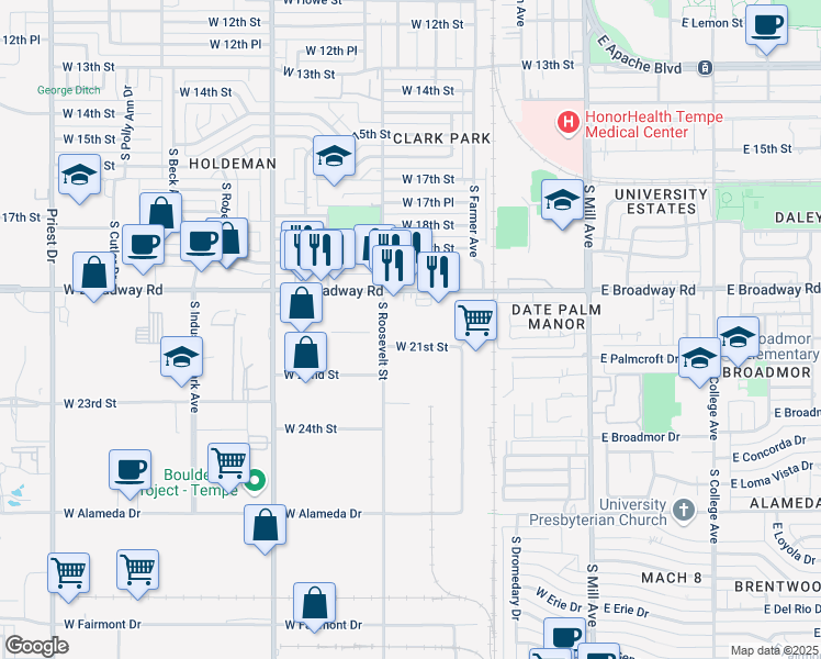 map of restaurants, bars, coffee shops, grocery stores, and more near 507 West Broadway Road in Tempe