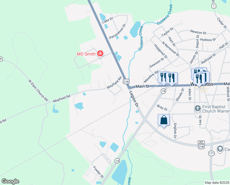 map of restaurants, bars, coffee shops, grocery stores, and more near 63 Austin Road in Warrenton