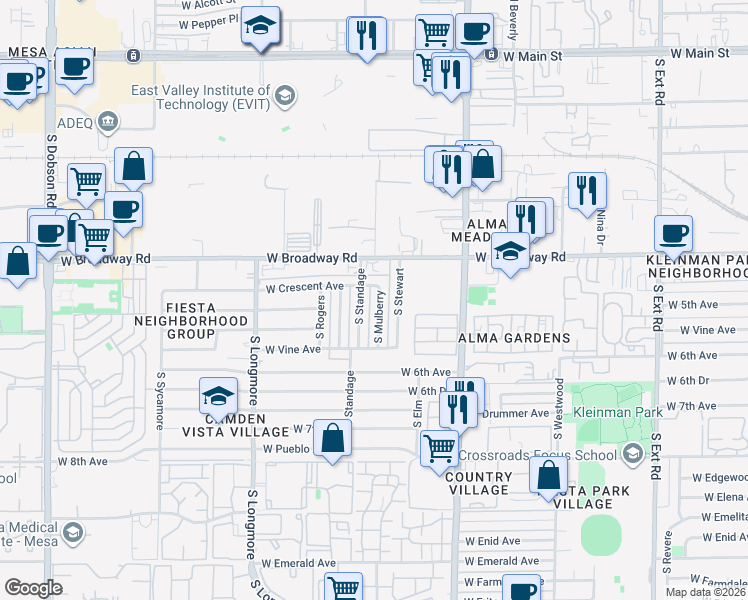 map of restaurants, bars, coffee shops, grocery stores, and more near 443 South Standage in Mesa