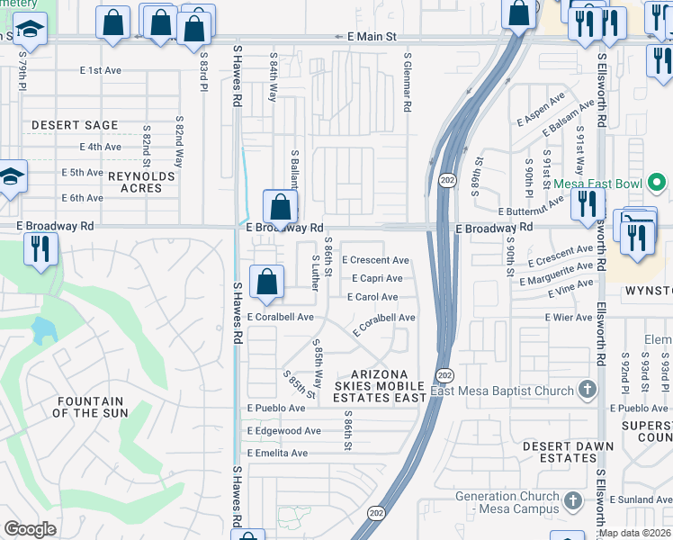 map of restaurants, bars, coffee shops, grocery stores, and more near 8616 East Crescent Avenue in Mesa