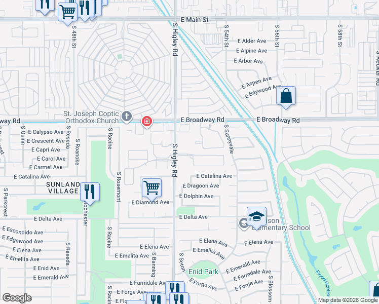 map of restaurants, bars, coffee shops, grocery stores, and more near 5228 East Carol Avenue in Mesa