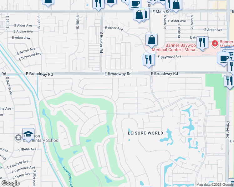map of restaurants, bars, coffee shops, grocery stores, and more near 1907 Leisure World in Mesa