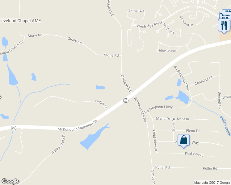 map of restaurants, bars, coffee shops, grocery stores, and more near 782 Oakland Road in McDonough