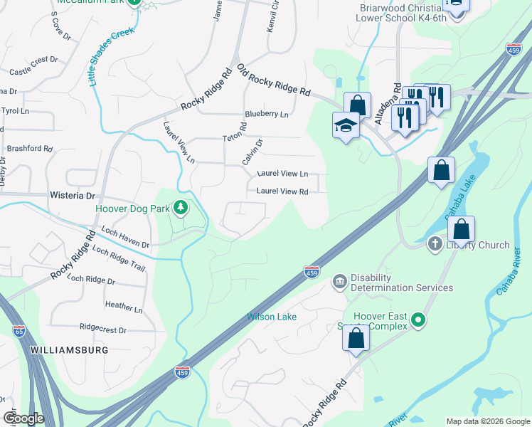 map of restaurants, bars, coffee shops, grocery stores, and more near 3656 Haven View Circle in Birmingham