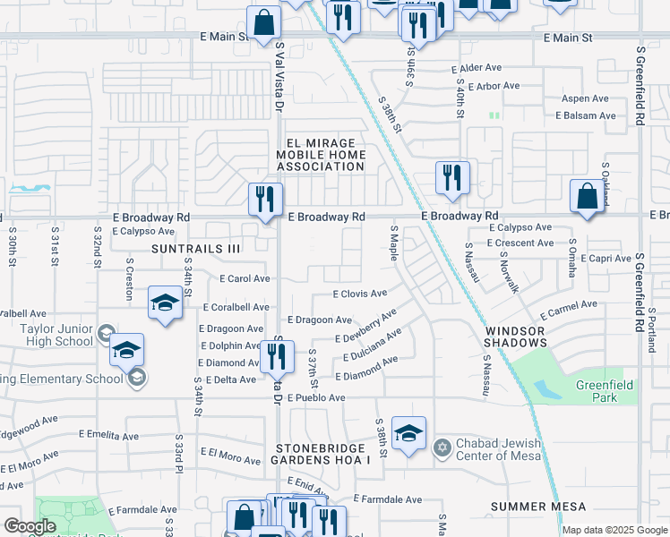 map of restaurants, bars, coffee shops, grocery stores, and more near 3755 East Broadway Road in Mesa