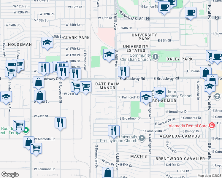 map of restaurants, bars, coffee shops, grocery stores, and more near 14 West Palmcroft Drive in Tempe