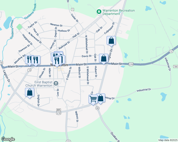 map of restaurants, bars, coffee shops, grocery stores, and more near 100-198 Hubert Street in Warrenton