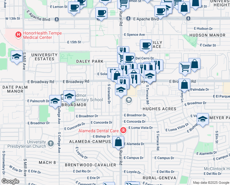 map of restaurants, bars, coffee shops, grocery stores, and more near 2014 South Rural Road in Tempe
