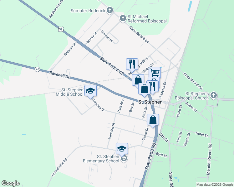 map of restaurants, bars, coffee shops, grocery stores, and more near 148 Ravenell Drive in Saint Stephen