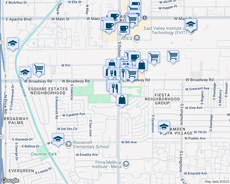 map of restaurants, bars, coffee shops, grocery stores, and more near 2025 West Broadway Road in Mesa