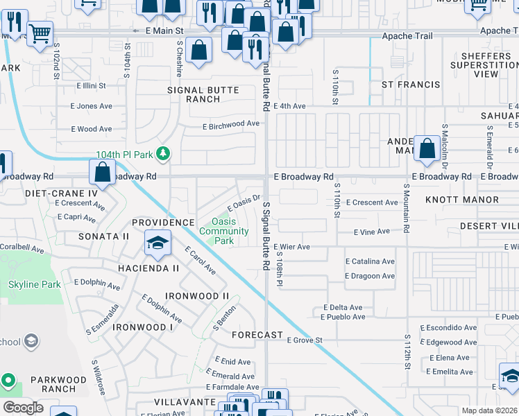 map of restaurants, bars, coffee shops, grocery stores, and more near 10723 East Oasis Drive in Mesa