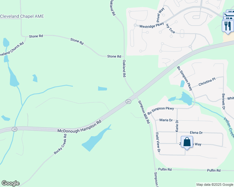 map of restaurants, bars, coffee shops, grocery stores, and more near 782 Oakland Road in McDonough