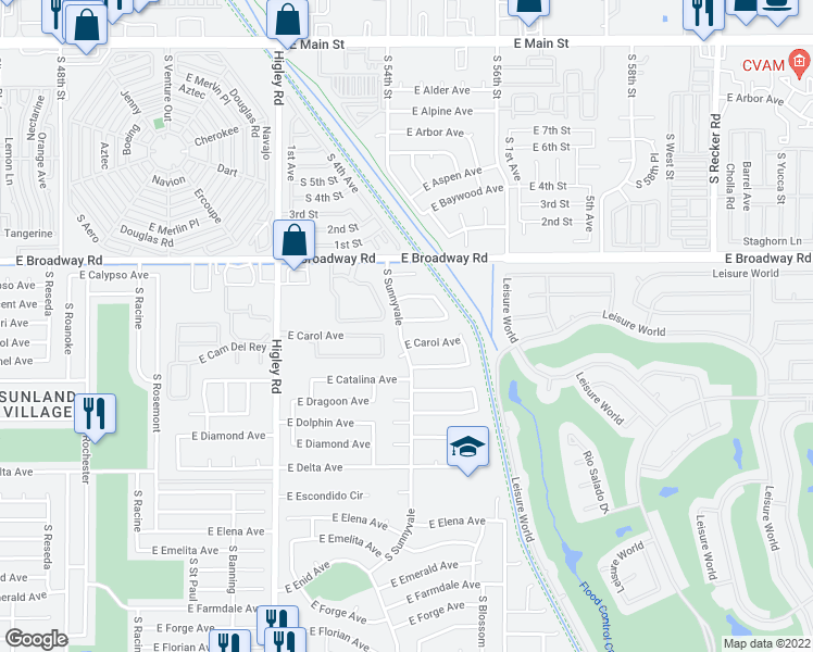map of restaurants, bars, coffee shops, grocery stores, and more near 5413 E Capri Ave in Mesa