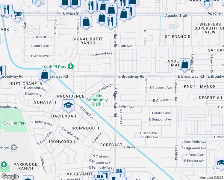 map of restaurants, bars, coffee shops, grocery stores, and more near 10723 East Oasis Drive in Mesa